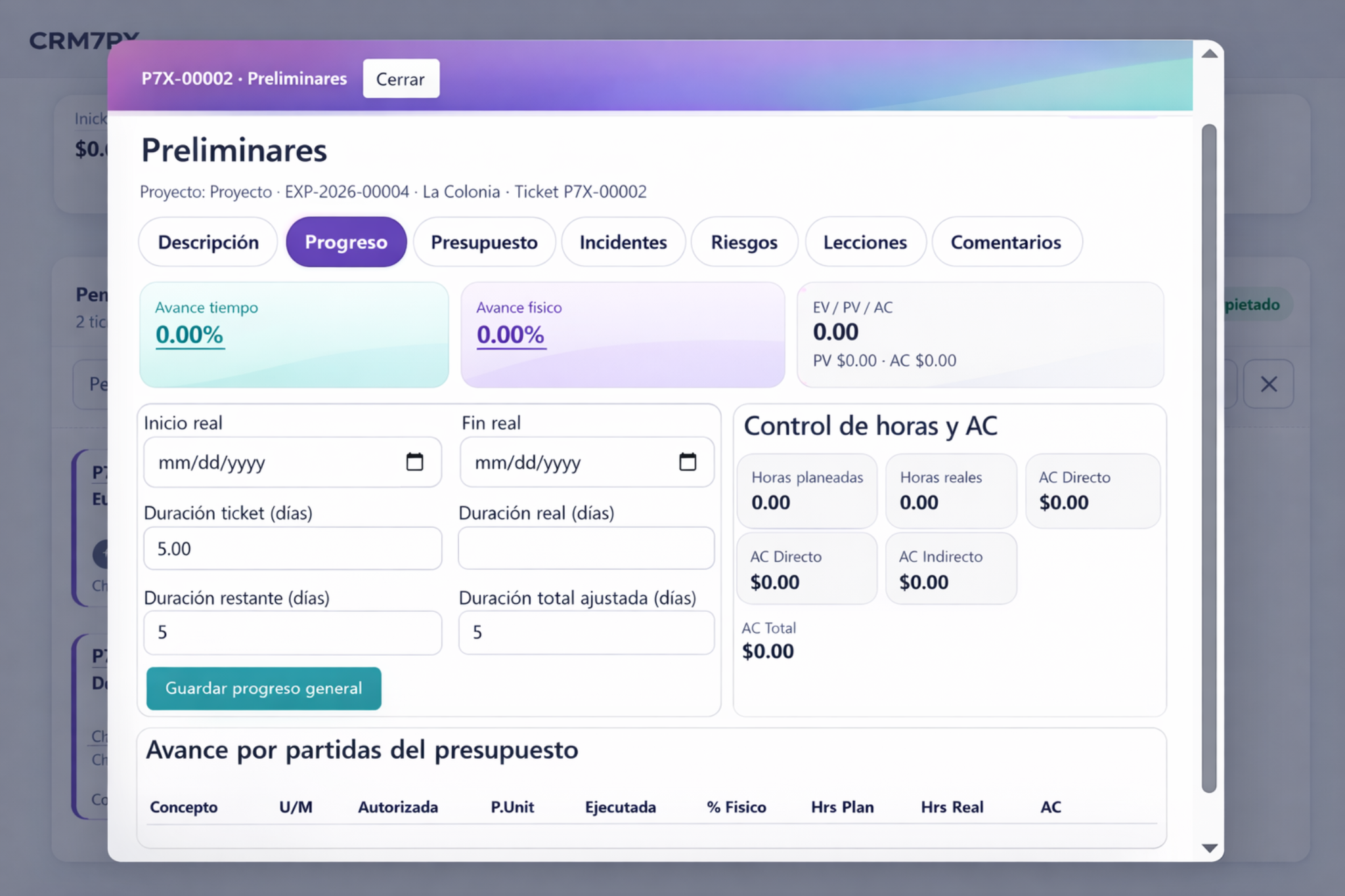 Modal de progreso Project7x